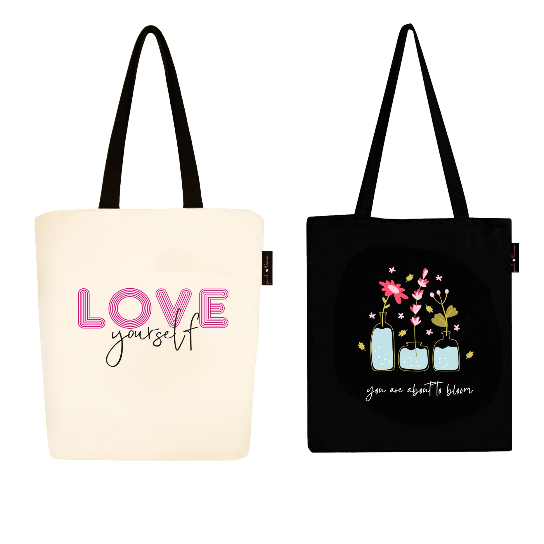 Peach Blossom Tote Bags With Zip, 100% Cotton Shopping/Grocery Bag, Multi-Purpose Canvas Bag 5kgs Capacity, Single Pack (Cbag_ZIP_WhiteLoveurself_BlackBotlefolwr)