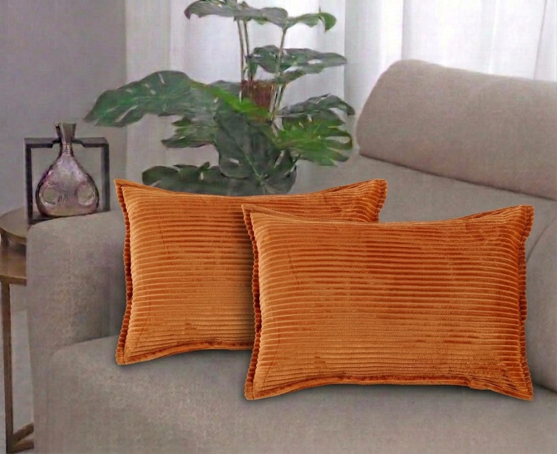 RD TREND® Corduroy Cushion Cover Set of 2, Striped Double Sided Decorative Throw Pillowcases for Sofa, Bed & Living Room Rectangular Long Cushion Covers 18x28 inches | Golden