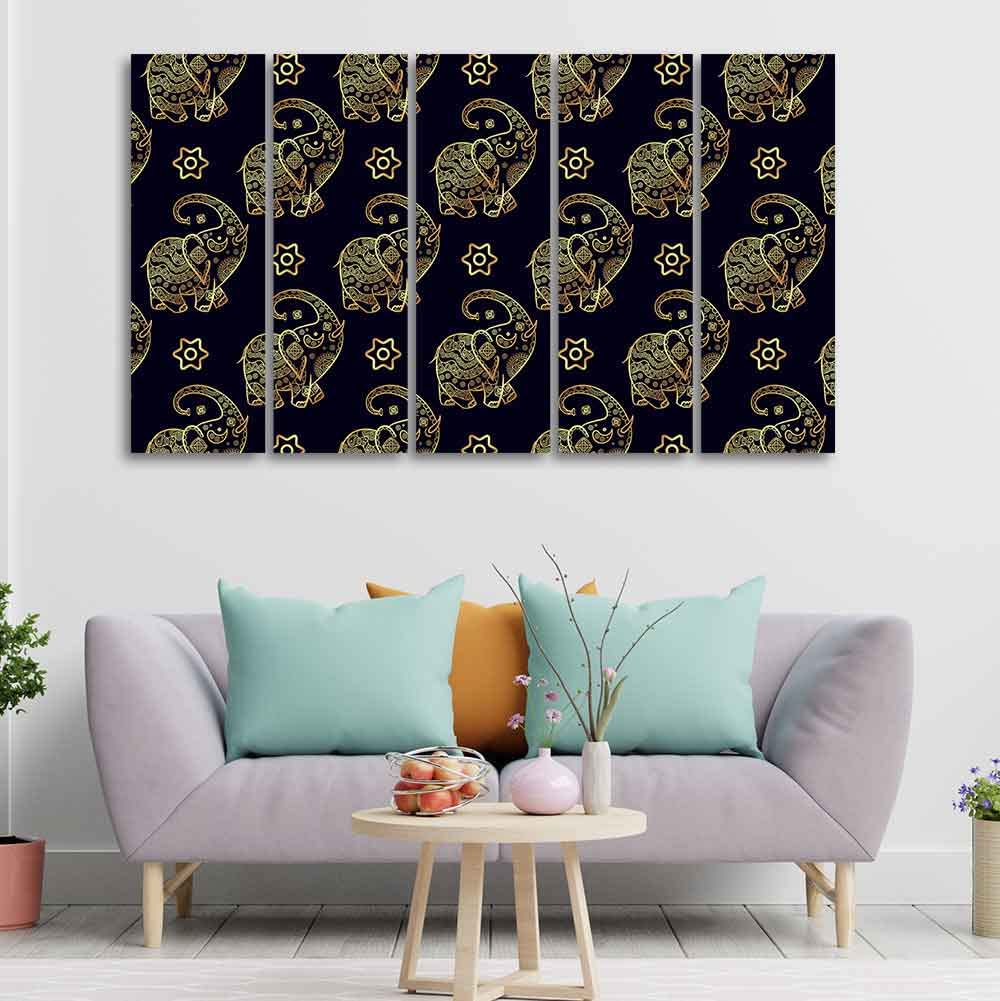 VIBECRAFTS Beautiful Elephant Madhubani Art Wall Painting Set of Five For Home|Office|Living Room|Gift (PTVC5Pcs4_8571)