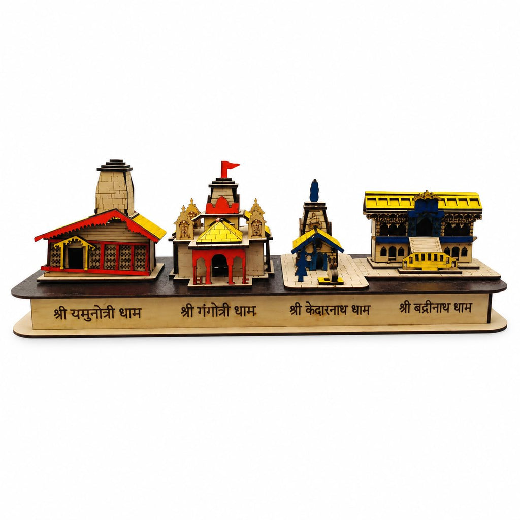 Char Dham Wooden Temple Model Showpiece | Shri Yamunotri, Gangotri, Kedarnath, Badrinath Dham Replica | 12 Inch Spiritual Decor