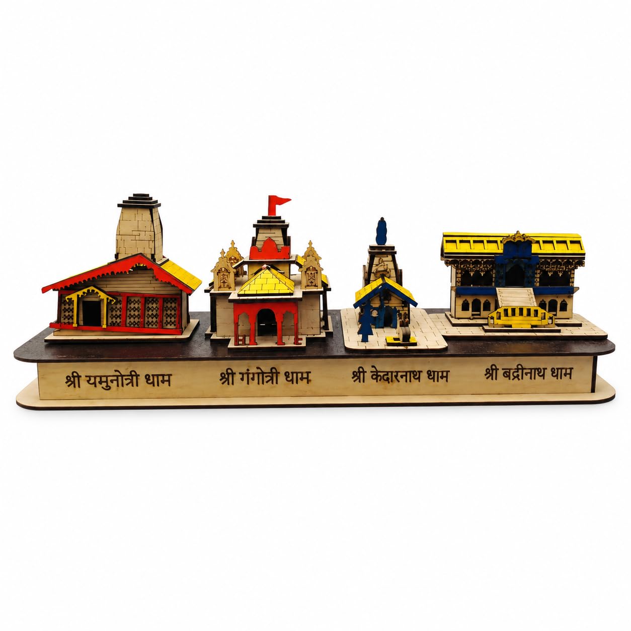 Char Dham Wooden Temple Model Showpiece | Shri Yamunotri, Gangotri, Kedarnath, Badrinath Dham Replica | 12 Inch Spiritual Decor