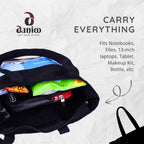 DANIOO Large Cotton Canvas Tote Bag for Women - Black College Handbag with Bottle Holder & Inner Pocket - Introvert Panda