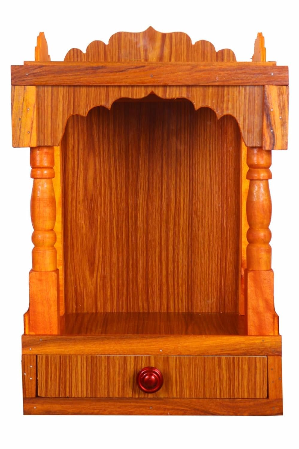 Wooden Home Temple with Drawer, Brown, Traditional Indian Pooja Mandir, Wall or Table Mount