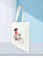 PB Pearlbags Canvas Tote Bag With Zip For Women, Duplex Printed Tote Bags for Women For Travelling, Shopping and College, Eco-friendly Stylish Modern Canvas Tote bags Cycle-White