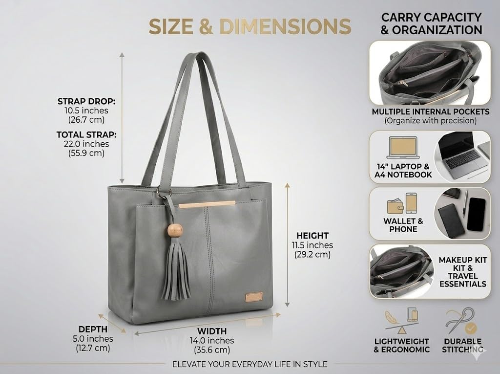 PAVILONN Women Tote Bag Ladies Handbag Shoulder Office Shopping Work Laptop PU Leather Brown Travel College Daily Use Designer Large Stylish Fashion Zipper Commuter Gift (GREY 1)