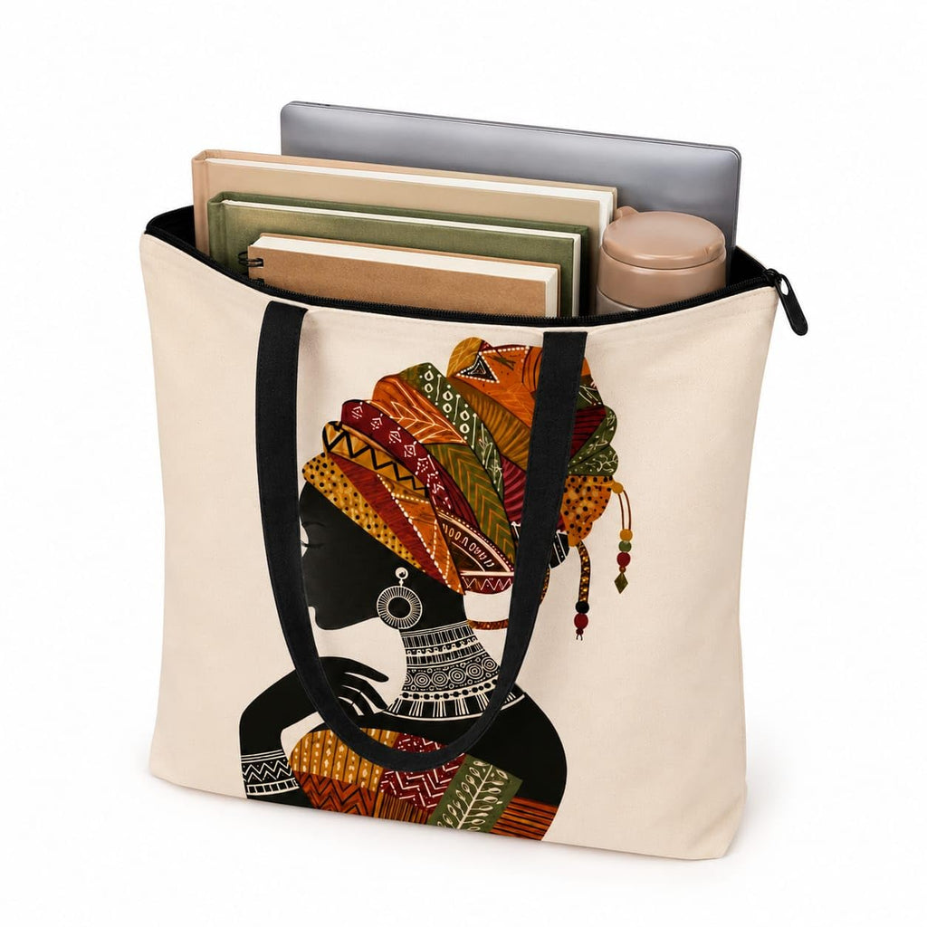 HOMELYA Large Cotton Canvas Zippered Tote Bag for Women | Reusable Eco-Friendly Shoulder Carry Bag | Spacious Shopping, Office & College Handbag (Tribal Grace Design)