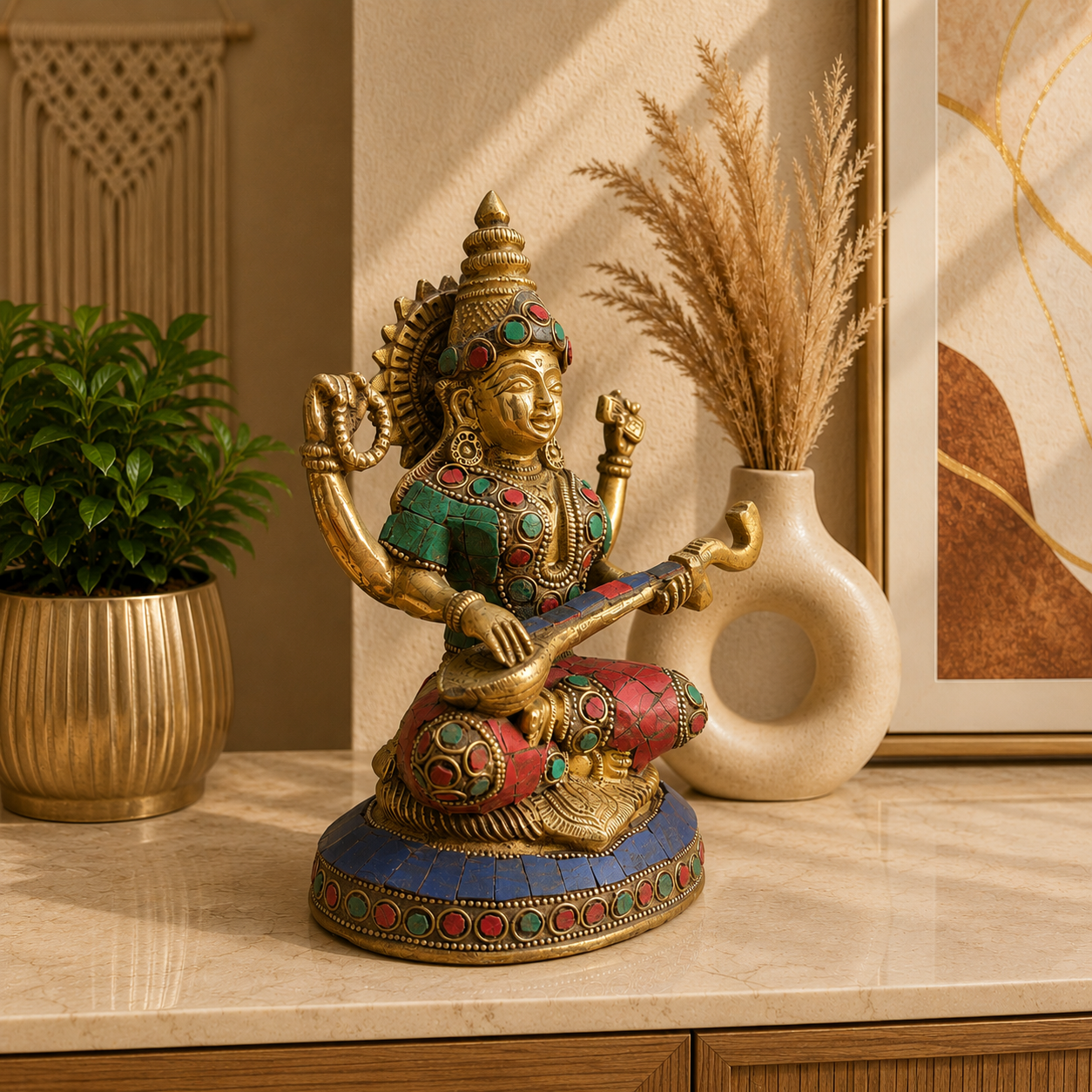Brass Stone Work Goddess Sitting Saraswati Idol (7.5 Inch) Vedansh Craft