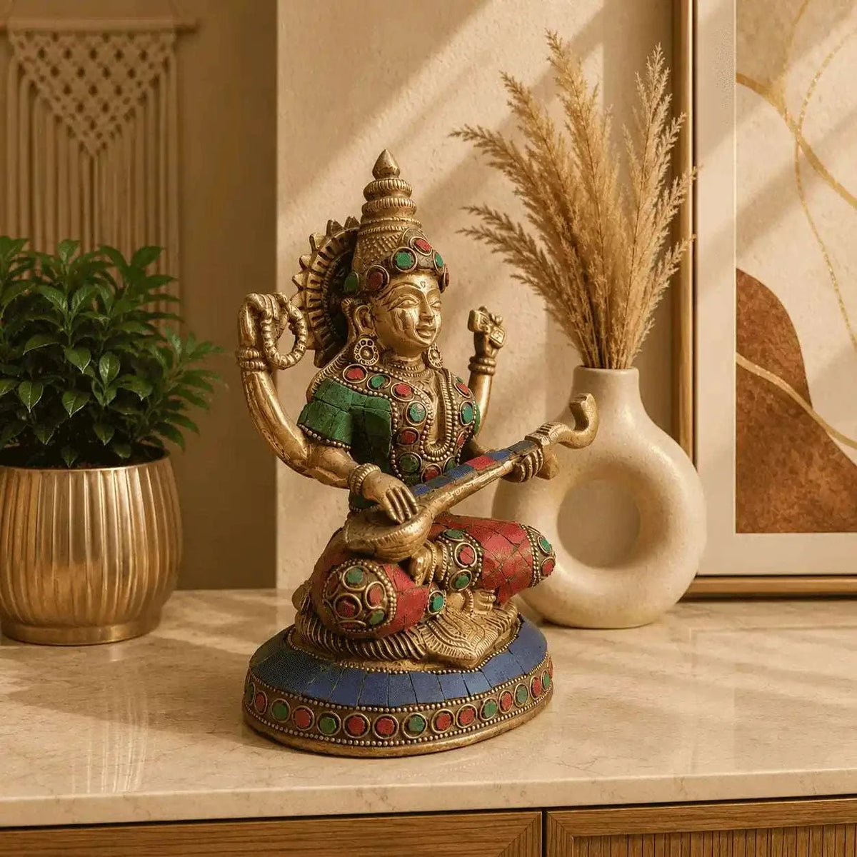 Brass Stone Work Goddess Sitting Saraswati Idol (7.5 Inch) Vedansh Craft