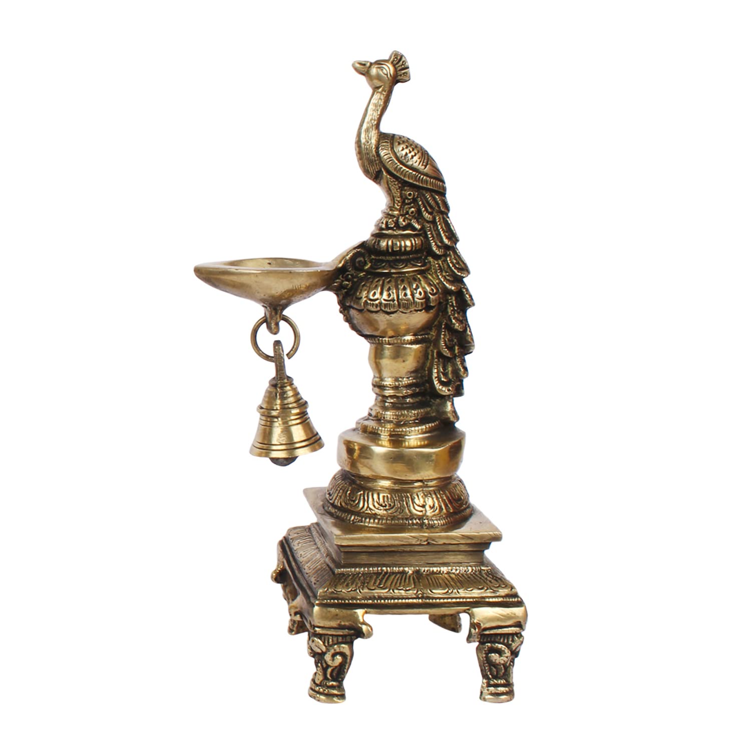 Artvarko Brass Peacock Bird Hanging Diya Oil Lamp Stand with Bell Home and Office Decoration Diwali Decoration Gift Items 10 Inches