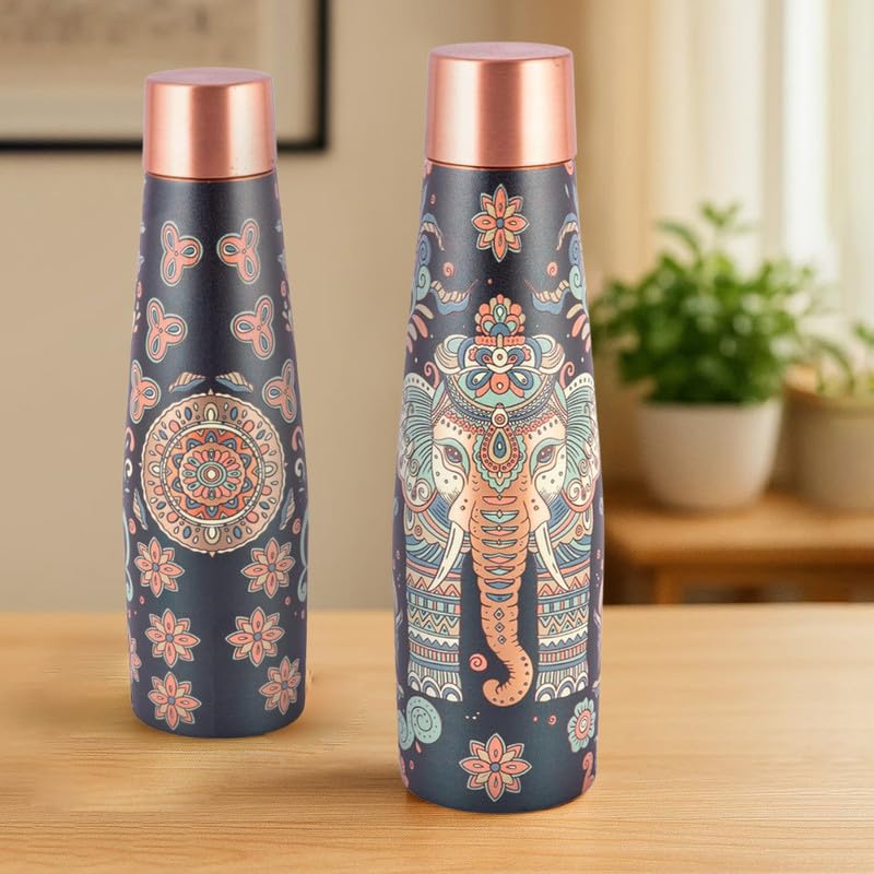 Vip luxe Designer Pure Copper Bottle & Glass Set with Elephant & Mandala Design – 900ml Bottle + 2 x 250ml Glasses | Heavy-Gauge Ayurvedic Gift Set for Wellness