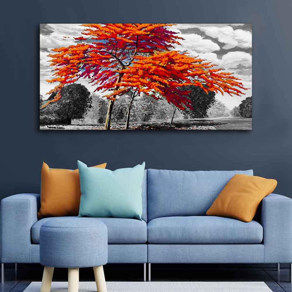 VIBECRAFTS Canvas Paintings for Living Room Drawing Room Orange Color Peacock Flowers Tree Premium Wall Painting Fitted with Wooden Frame for Home|Office|Gift(PTVCH_2268N)(48 x 24 Inches)
