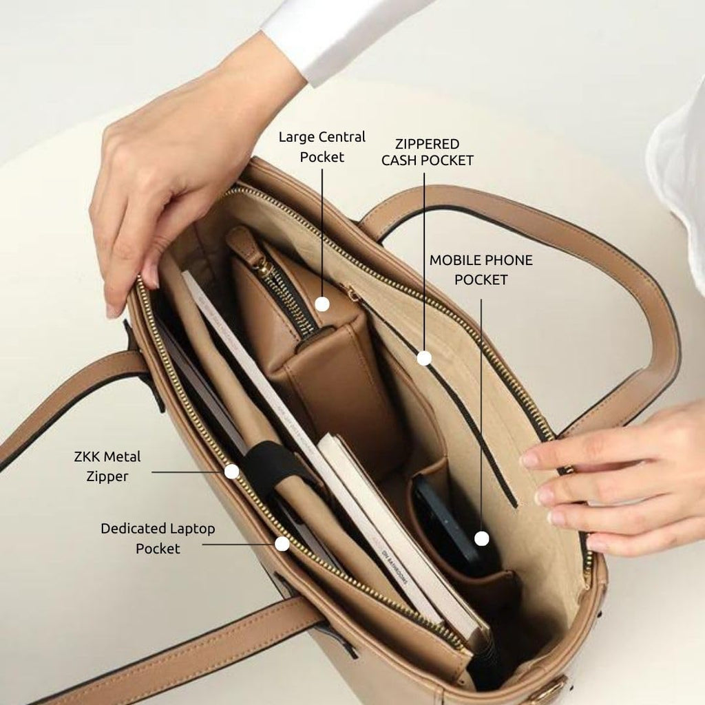 The Gusto Ardor - Premium Vegan Leather Tote Bag For Women | Stylish Hand Bag/Shoulder Bag With Zip, Fits Upto 14 Laptop | Office, Casual, College Use | Detachable Sling, Handcrafted, Beige
