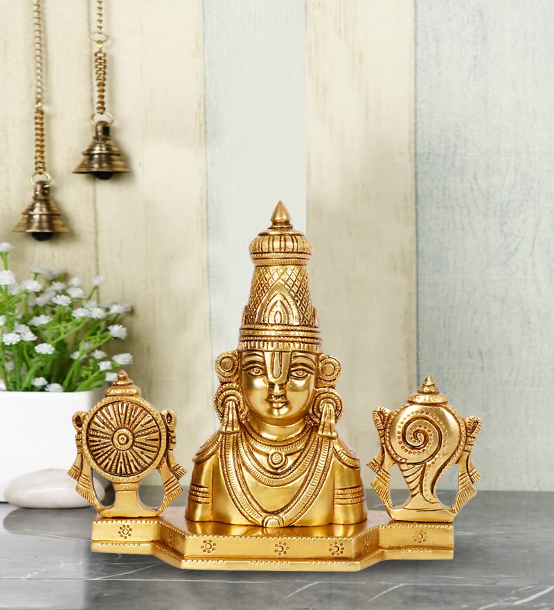 ARTVARKO Brass Lord Tirupati Balaji Lord Sri Venkateswara Balaji Face with Shankh Chakra Namah Idol Showpiece Home Décor Gold (22x8x21 cm)