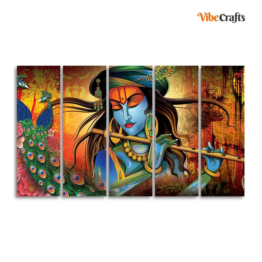 VIBECRAFTS Classic Krishna Premium Wall Painting of Five Pieces For Home|Office|Living Room|Gift (PTVC5Pcs4_8712)
