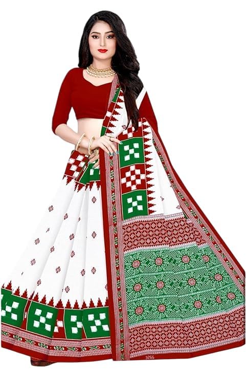 Sareewalla Women Cotton Sambalpuri Saree with Traditional Ethnic Patterns and Decorative Printed Border | Soft Breathable Cotton Saree | Without Blouse Piece (Red)