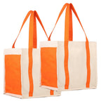 DOUBLE R BAGS Heavy Duty Canvas Grocery Bag with Side Pockets, Reusable Shopping Tote with Handles, Large Multipurpose Cotton Bag for Grocery, Jhola, Beach, Picnic, Travel (Orange, Pack of 4)