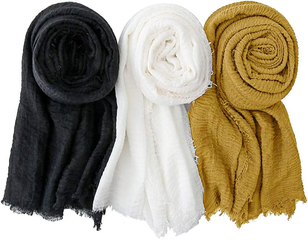 ICW Women's Premium Wrinkle Ironless Crinkled Cotton Hemp Summer Scarf Stoles Shawl for Female Head Scarves For Girls (Pack Of 3), Black ,White,Gold