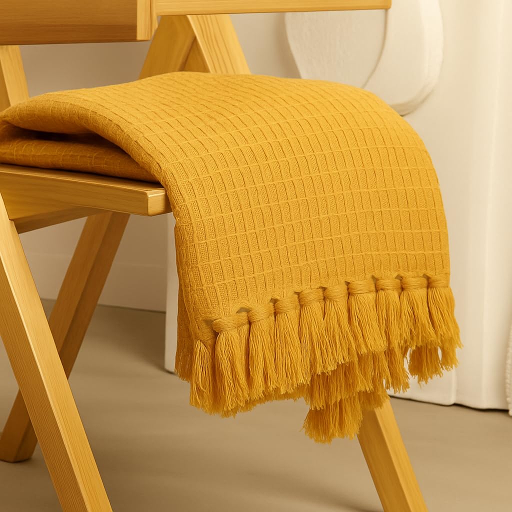 Furnistitchs Bohemian Cotton Sofa Throw Blanket 50x60 inches | Waffle Knit & Chevron Pattern with Fringes | Aesthetic Decorative Couch Throw for Living Room & Bedroom (Mustard Waffle) Kafalo