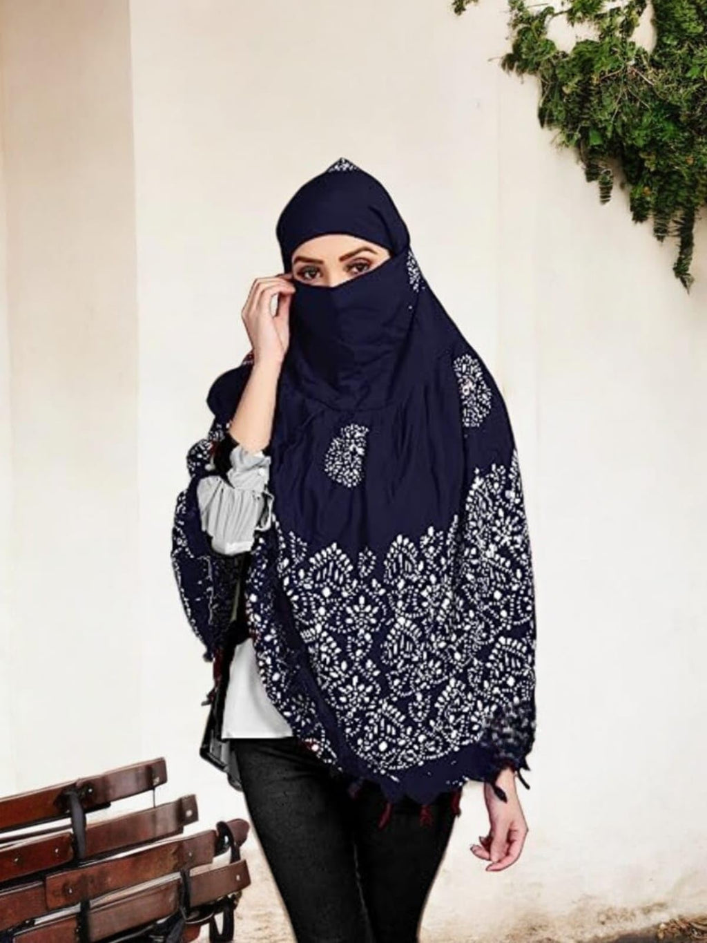 HETVIN Cotton Long Scarf Cum Mask Scarves Usable for Vehicle Driver | White Printed Design Fabric | Universal Size | Soft & Breathable Sun Protection | For Girl & Women (Wax Batik - Navy Blue)