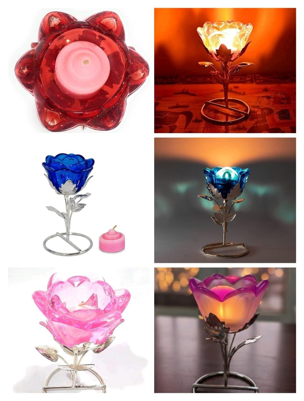 Eminent Red Glass Flower Candle Holder with Metal Stand | Decorative Tealight Candle Stand for Home Decor, Diwali Decoration, Romantic Dinner, Table Centerpiece Gift Item
