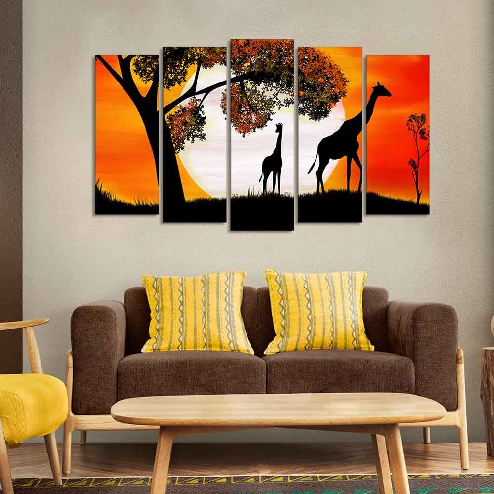 VIBECRAFTS A Pair of Giraffe under a Tree in Sunset Canvas Wall Painting of Five Pieces For Home|Office|Living Room|Gift (PTVC5Pcs2_6623)