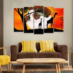 VIBECRAFTS A Pair of Giraffe under a Tree in Sunset Canvas Wall Painting of Five Pieces For Home|Office|Living Room|Gift (PTVC5Pcs2_6623)