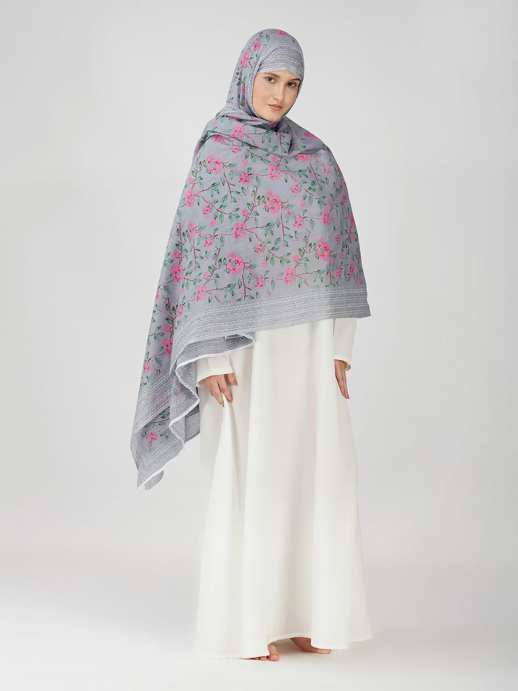 ANAApparels ANA Zoha Bluish Grey Floral Dupatta | 92 x 42 Inches – Premium Mulmul Cotton | Lace Border | Lightweight, Soft & Breathable