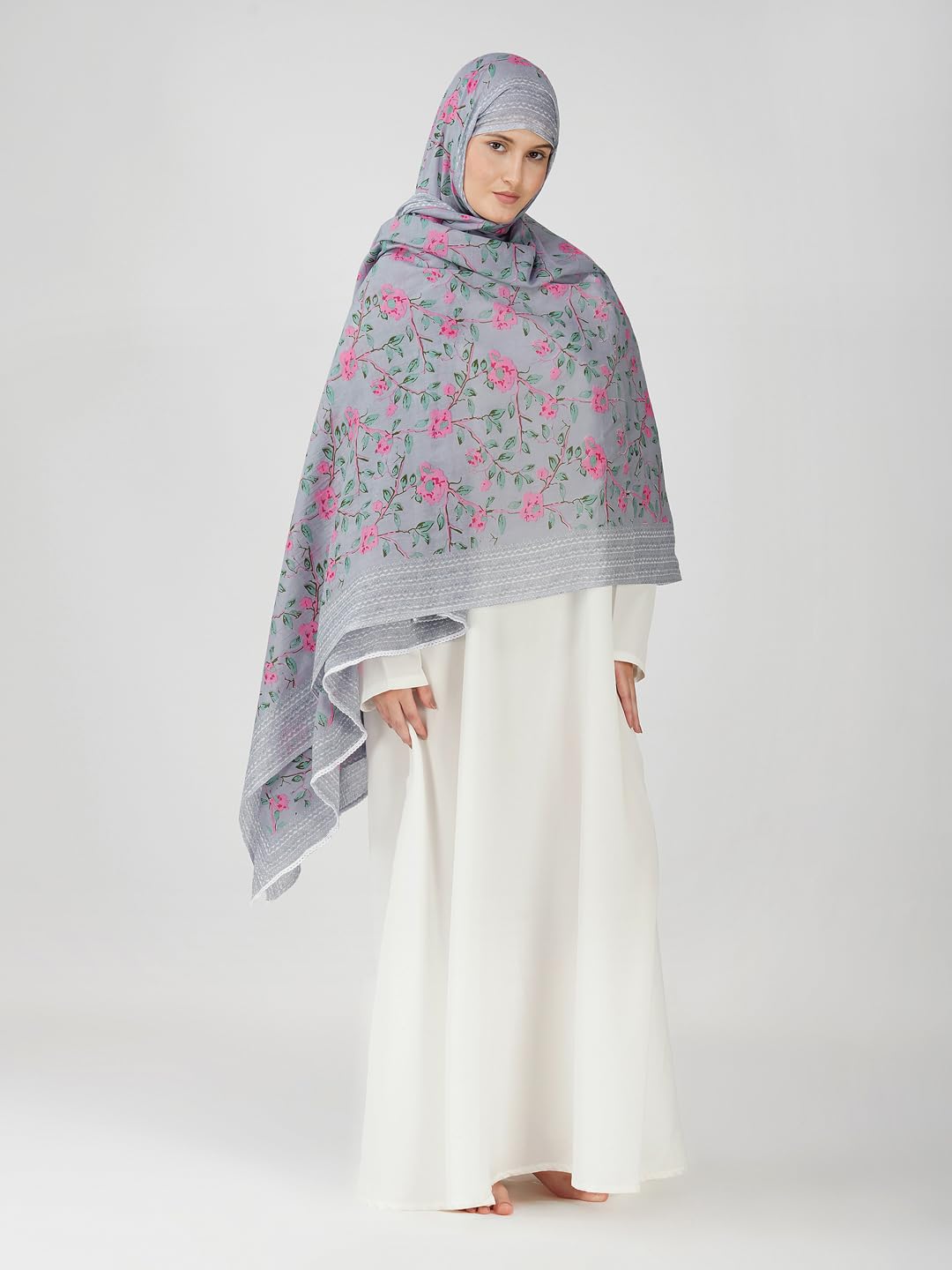 ANAApparels ANA Zoha Bluish Grey Floral Dupatta | 92 x 42 Inches – Premium Mulmul Cotton | Lace Border | Lightweight, Soft & Breathable