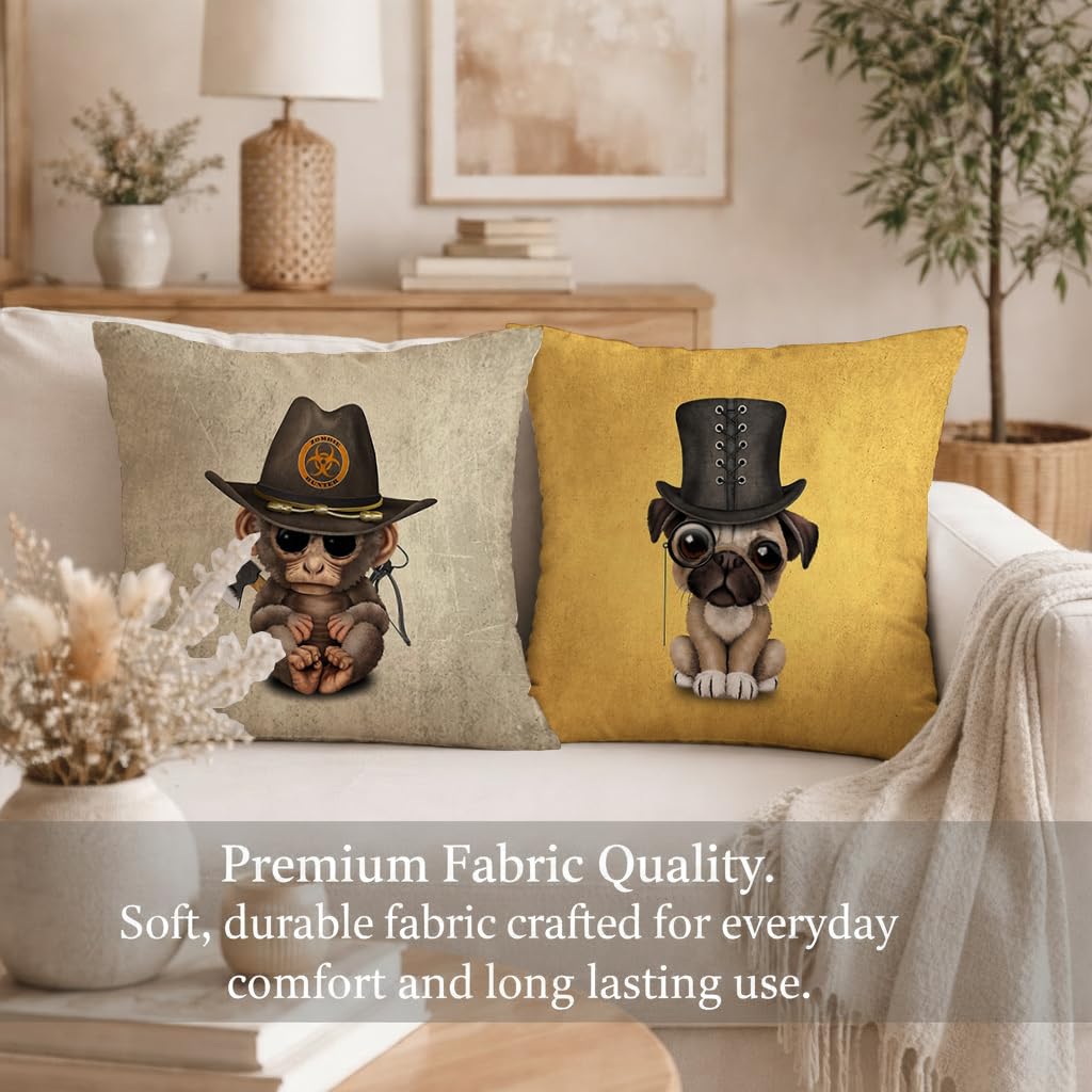 STITCHNEST Set of 2 Funky Friends Collection Printed Jute Cushion Covers 24x24 Inches | Decorative Throw Pillow Covers for Sofa, Living Room, Bedroom | Perfect for Home Decor