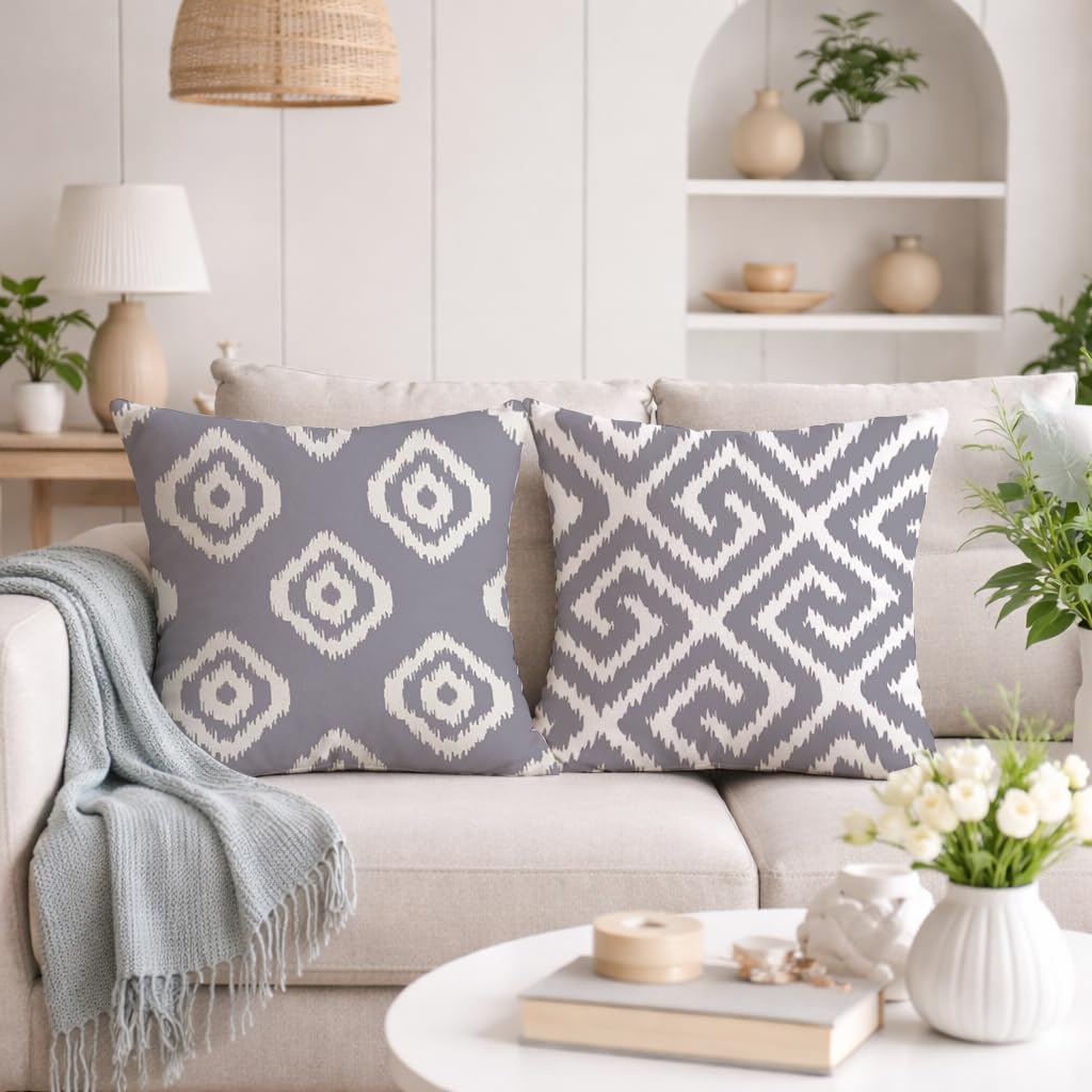 STITCHNEST Set of 2 Polycotton Cushion Covers – 24x24 Inches – Grey & White Ikat Geometric Print – Elegant Cushion Covers for Sofa & Living Room | Perfect for Home Decor