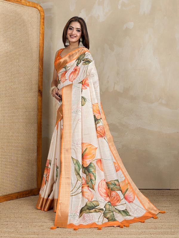 Gulkee Women's Tissue Silk Saree Banarasi South Indian Printed Soft Fabric Sarees For Occasions Like Wedding and Party With Blouse Piece(9626, Off White)
