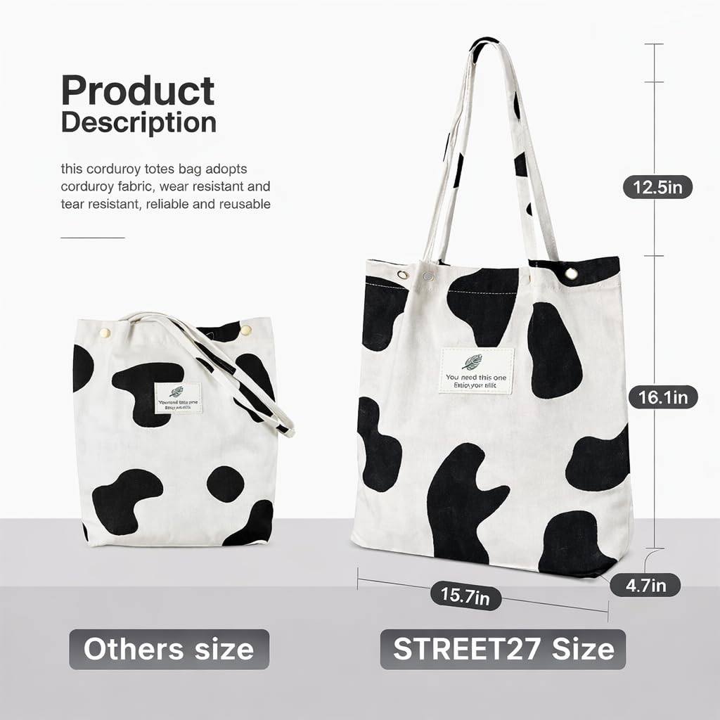 Street27 Womens Korean Canvas Corduroy Tote Bag Casual Work Shoulder Handbags|Multi-Purpose Bag |Sturdy Canvas Bag With Large Capacity|Shopping Bag For Office,College & Daily Use (Cow - Large)