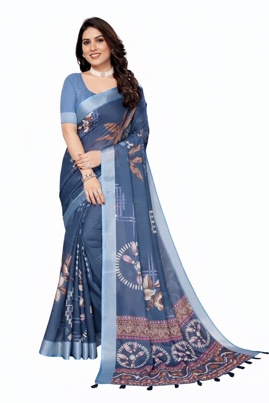 HARI PRIYA PRINTS Women Digital Novelty Printed Linen Cotton Silver Zari Border Saree With Unstitched Blouse Piece Women's Floral Printed Linen Blend Saree Included