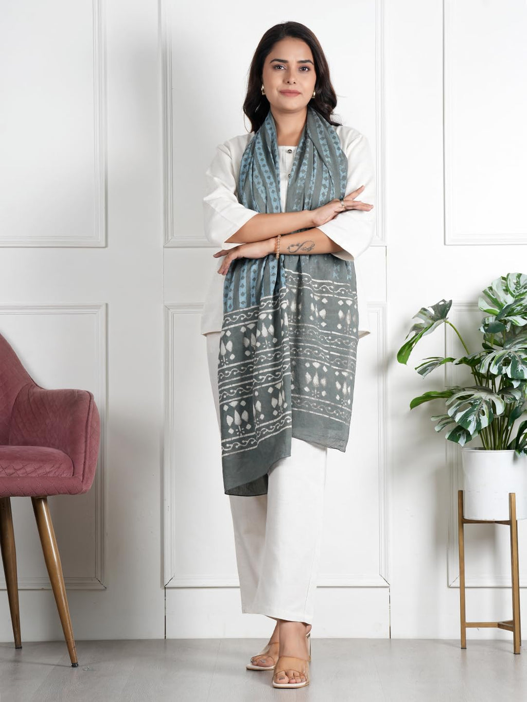 RAI SAHAB Printed Cotton Scarf for Women, Lightweight Soft Scarves Stoles for Summer & Winter(ST-98GREY10)