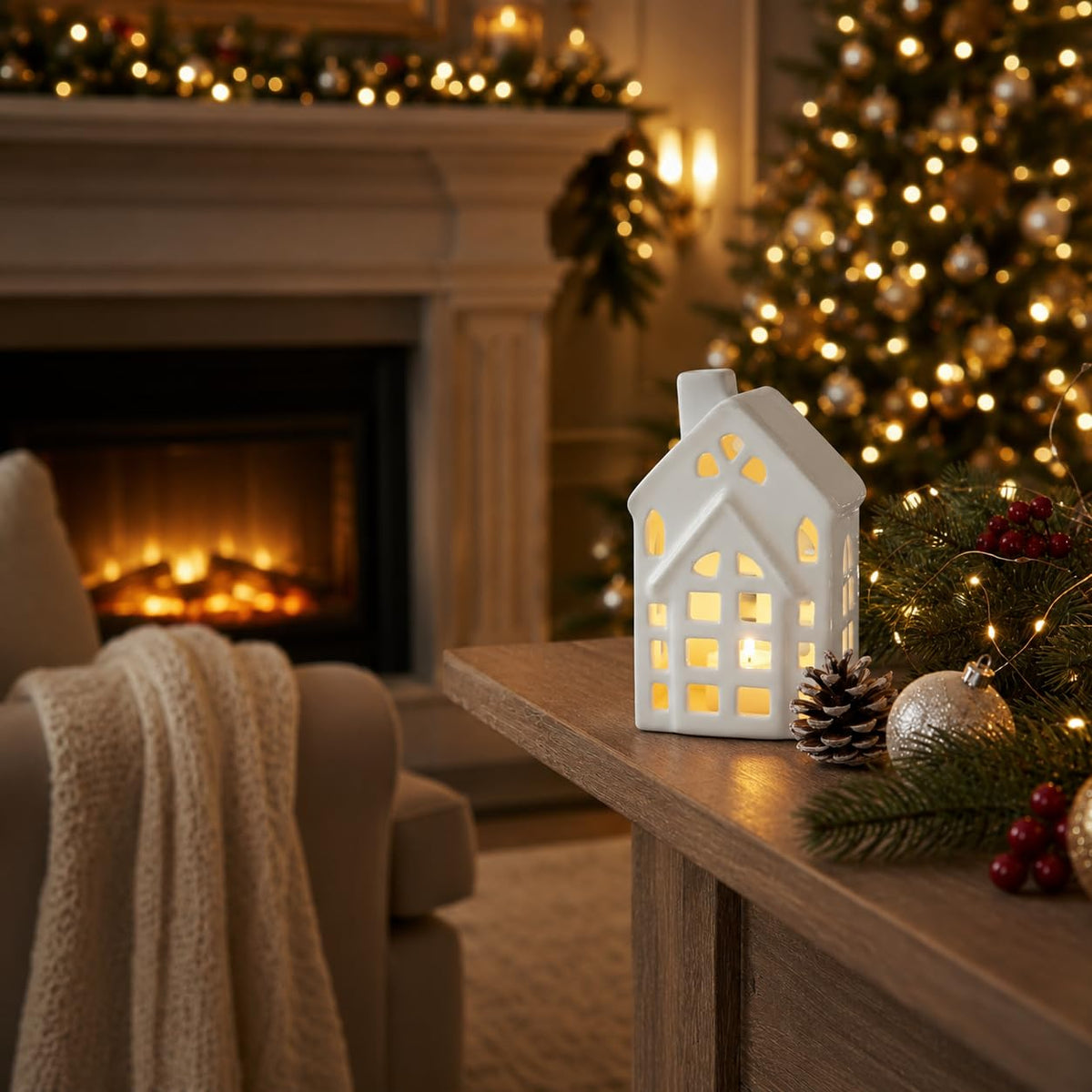 Artful Living India-Ceramic House Tealight Candle Holder – Decorative Light for Diwali, Christmas & Home Decor | White | Handmade Studio Pottery | Free LED Light | Pack of 1 | GlowNest