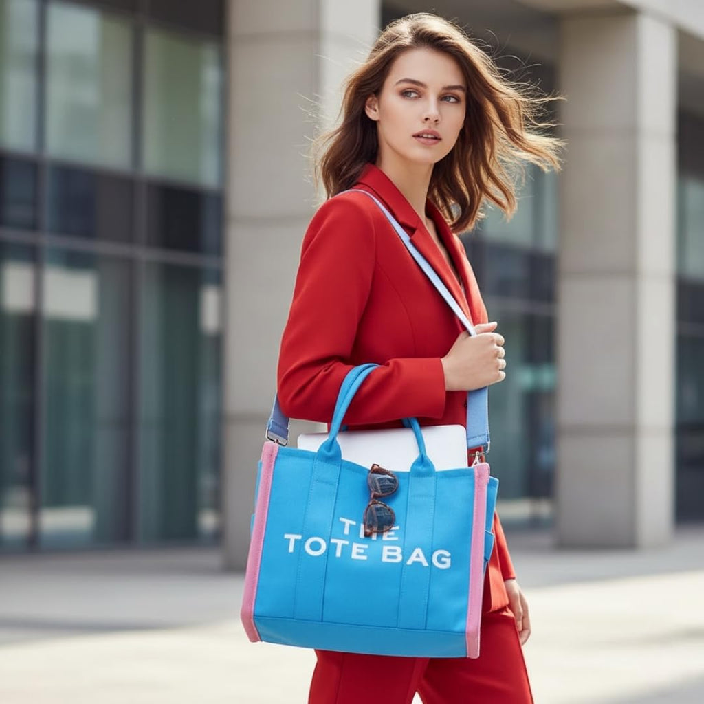 MAIRO LIFESTYLE Women Canvas The Tote Bag with Zipper Small Purse Crossbody Bag Top Handle Traveler Handbag (Blue with Pink edge)