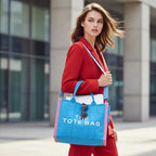 MAIRO LIFESTYLE Women Canvas The Tote Bag with Zipper Small Purse Crossbody Bag Top Handle Traveler Handbag (Blue with Pink edge)