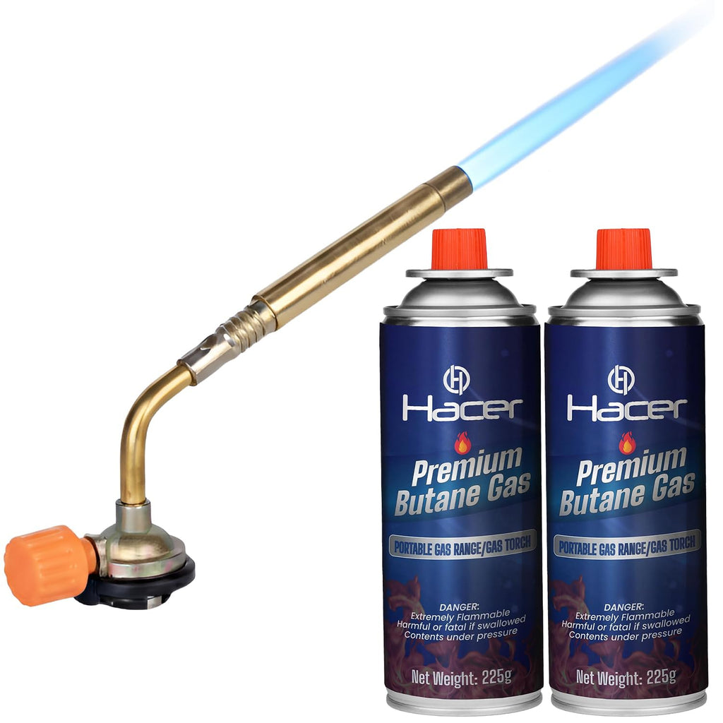 HACER Butane Brazing Blow Torch Single LPG Nozzle with 2 Butane Gas Canisters Multipurpose Heat Gun For Outdoor Use Cooking Copper Pipe Welding Camping Jewelry Repair Work Tool Burner