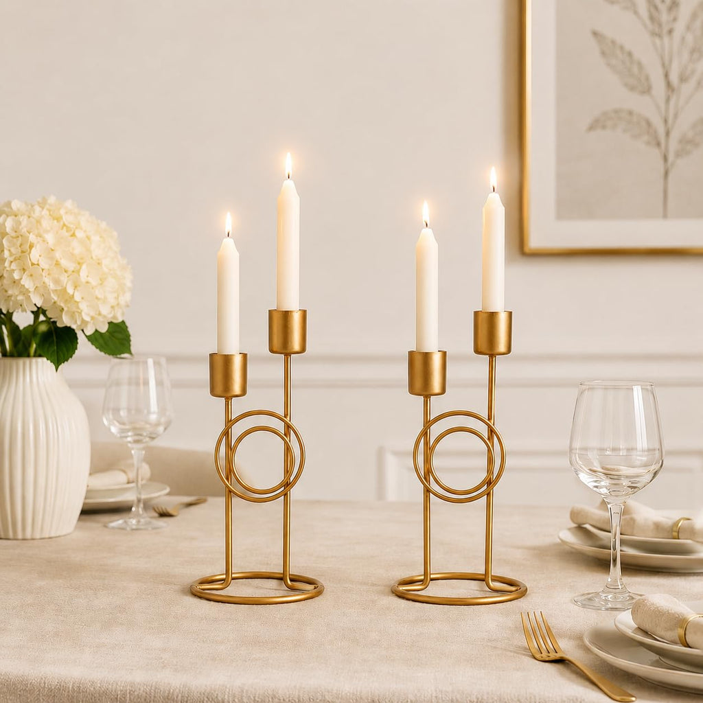 Modern Iron Double Candle Holder Set of 2 – Gold Metal Decorative Candle Stand for Home Decor, Table Centerpiece for Living Room Dining Table Bedroom (6.5 x 3.25 Inches) – Candles are not Included