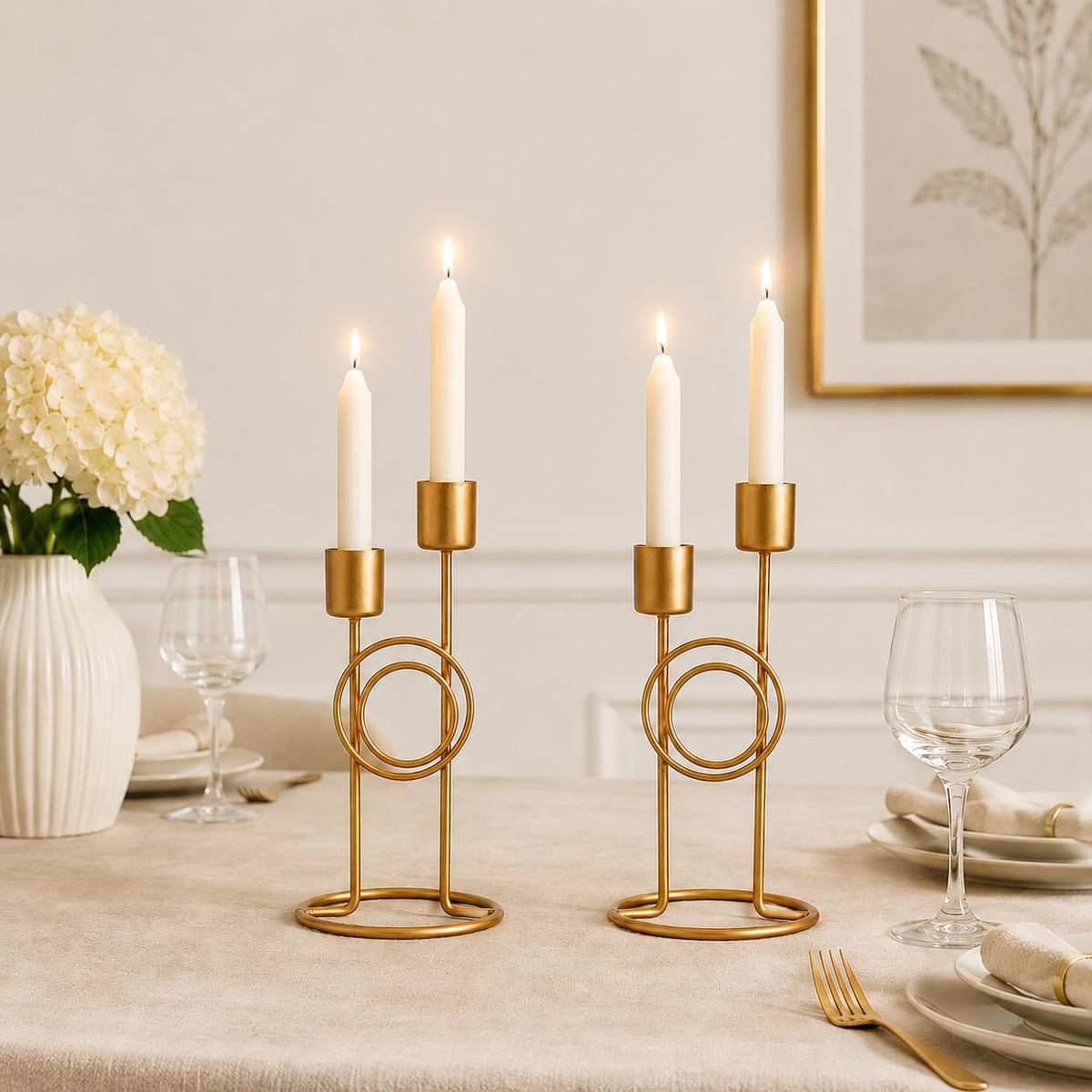 Modern Iron Double Candle Holder Set of 2 – Gold Metal Decorative Candle Stand for Home Decor, Table Centerpiece for Living Room Dining Table Bedroom (6.5 x 3.25 Inches) – Candles are not Included