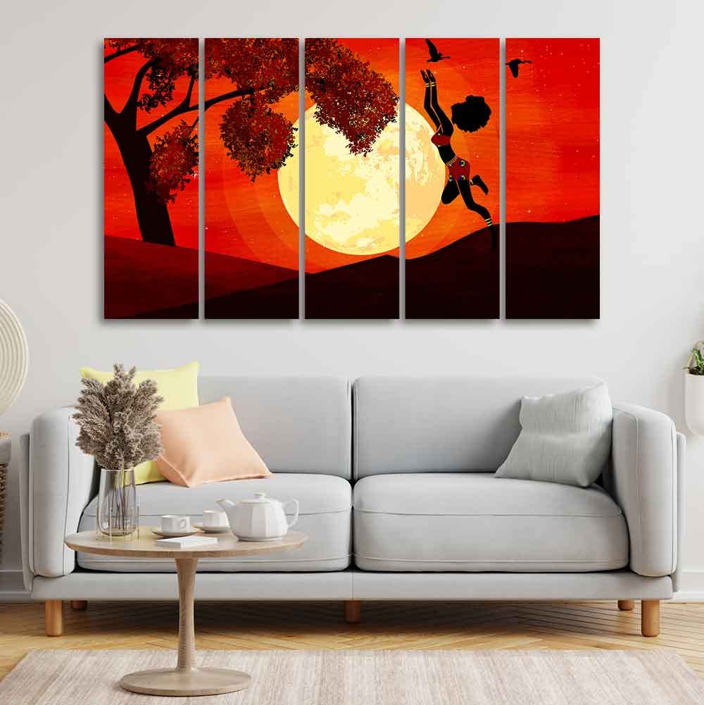 VIBECRAFTS Girl Catching Bird Premium Wall Painting Set of Five Pieces For Home|Office|Living Room|Gift (PTVC5Pcs4_8743)