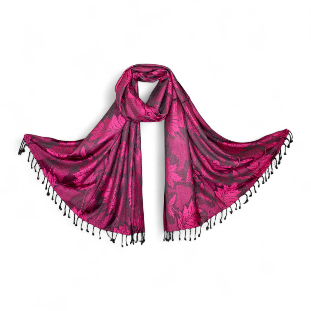STOLE STUDIO Embellished Leaf Luxurious Viscose Stole Scarf (Black/Rani)