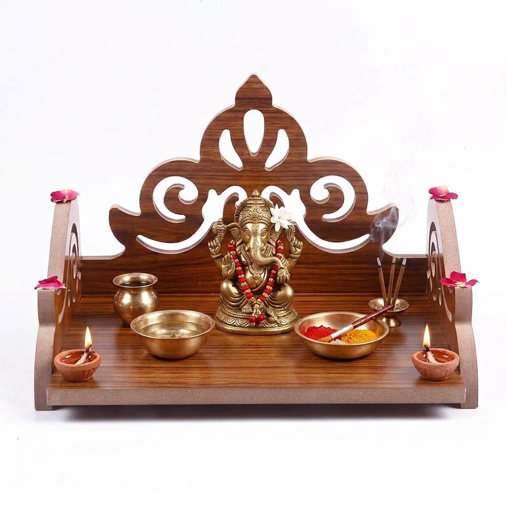 BerryBox Small Brown Wooden Pooja Mandir for Home & Office | Beautiful Plywood Puja Temple for Wall Hanging & Tabletop | Compact Mandap for Idols & Prayer Room Decor | Traditional Indian Home Temple