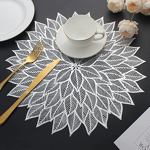 HomeCloud Table mat Round Shape| Table mat Round | Cutwork Design mat | Dining Table mats | Dressing Table MATS | Bed Side Table mats (Flower_Silver, 2) Kafalo