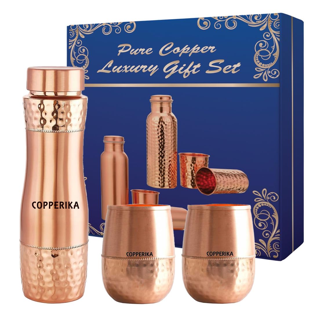 Copperika Tatva Gift Set Copper Water Bottle 1000ml + Copper Glass (Pack of 2-300ml Each) Original Heavy Build |BPA Free With Ayurvedic & Other Health Benefits | Marriage & Return Gift Set