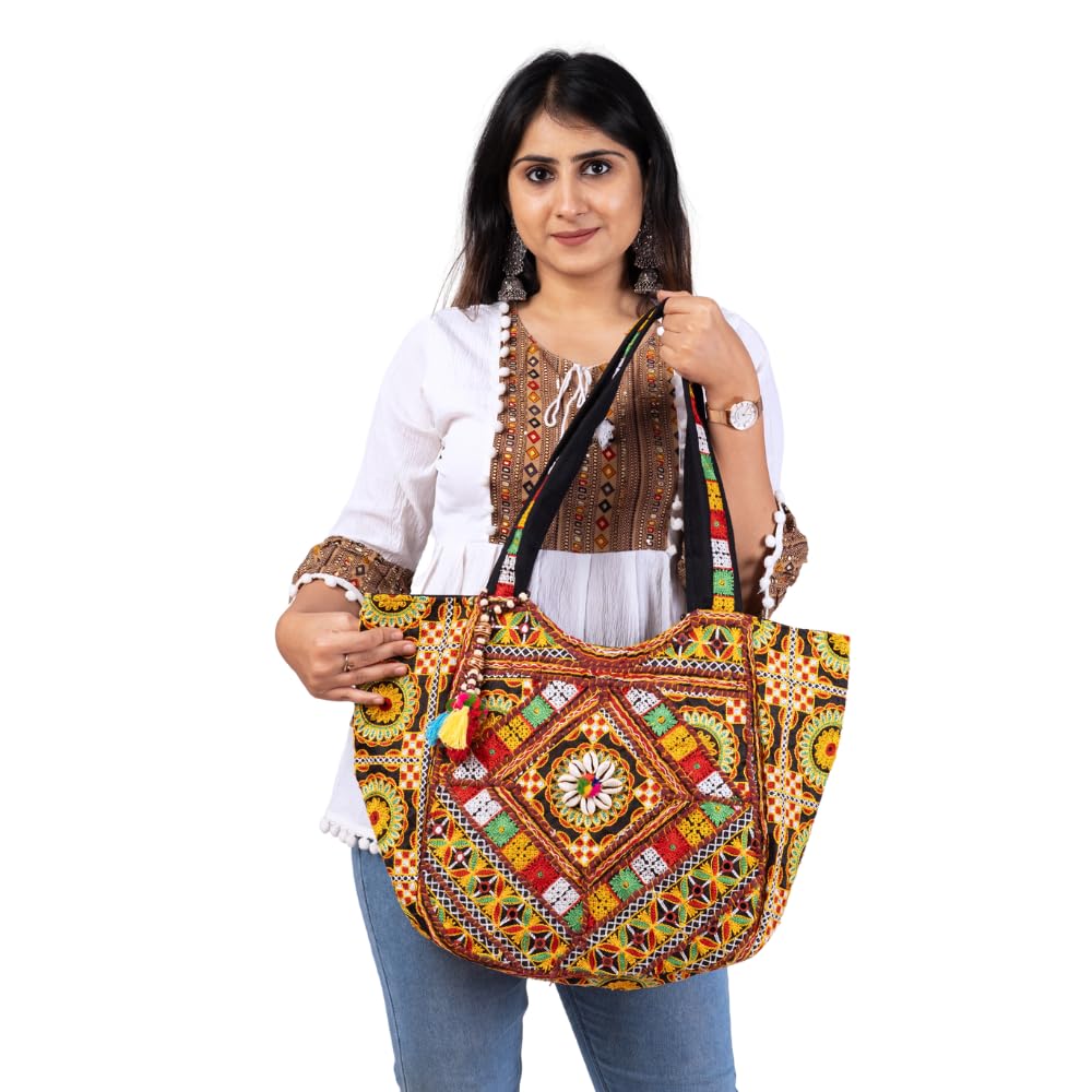 PREET GALLERY Handmade Cotton Patchwork Tote Bag, Multicolour, Double Handle|Women's Shoulder Bag, Pure Cotton Tote Bag, Handmade Patchwork Design (Saffron Solstice)