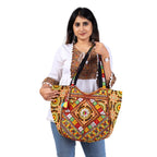 PREET GALLERY Handmade Cotton Patchwork Tote Bag, Multicolour, Double Handle|Women's Shoulder Bag, Pure Cotton Tote Bag, Handmade Patchwork Design (Saffron Solstice)