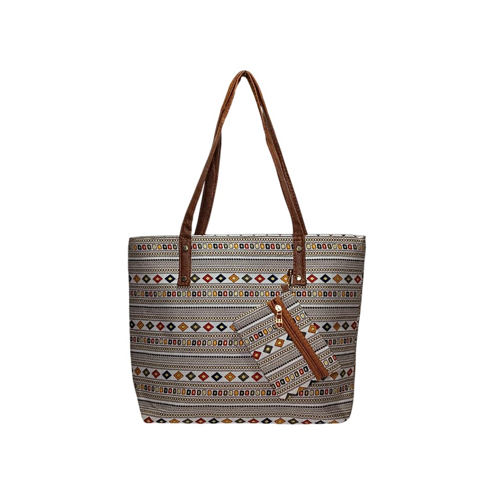 STYLE BA Women's Tote Bag With Leather Handles & Embroidery Printed Handbag With Zip Pockets, Shoulder Tote Bag And Handbag (Grey)