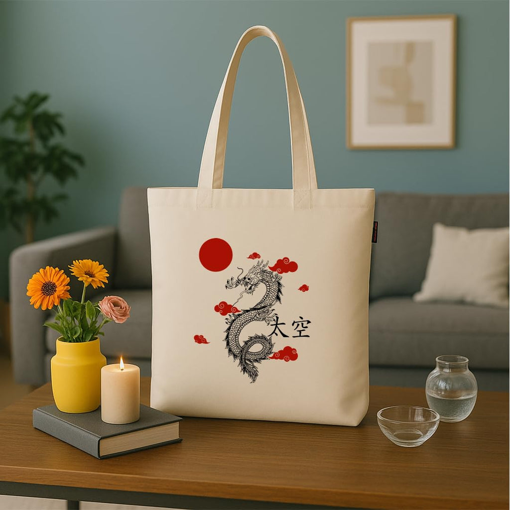 Peach Blossom Van Gogh Printed Tote Bag for Women with Zip, Stylish Cotton Handbags, Canvas Tote Bags for College (WHITE_RED DOT DRAGAN)