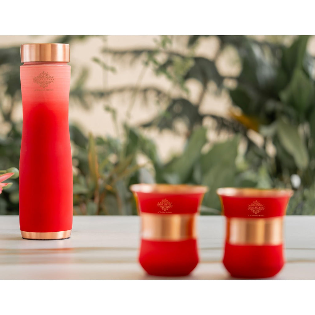 INDIAN ART VILLA Copper Bottle & Glass Gift Set - 950 ml Water Bottle & 2 Glasses (300 ml Each) - Pure Copper with Pink Ombre Silk Finish, Perfect for Gifting & Everyday Use